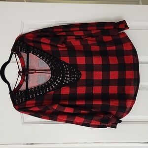 Buffalo Plaid open back top w/ lace detail
